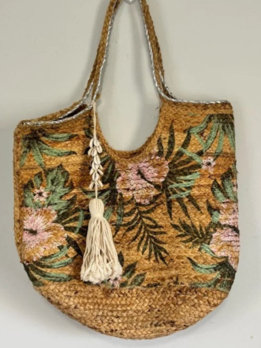 Women’s Brown Jute Floral Tote Bag Shell Tassle Beach Travel 15”X19”